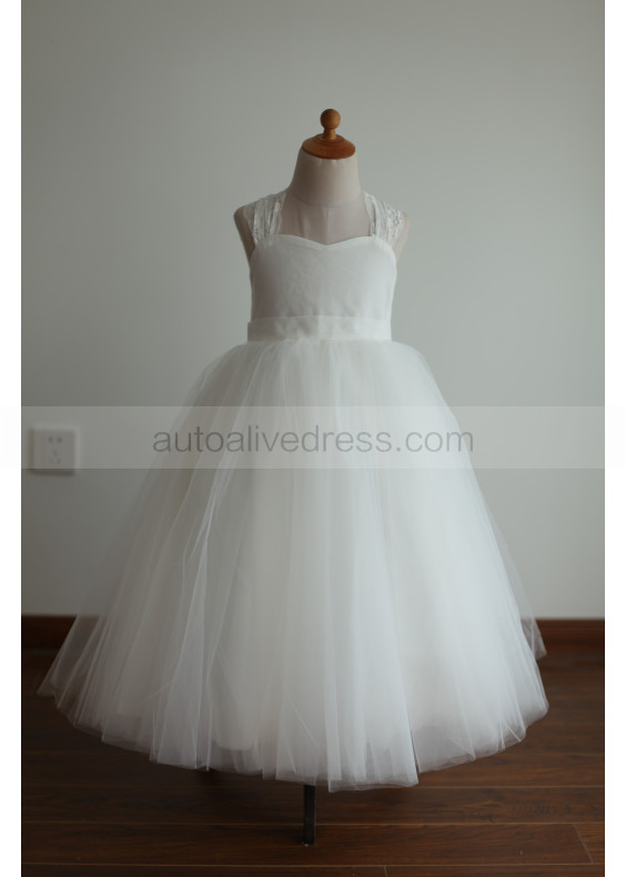 Ivory Cotton Tulle Tea Length Cross Back Flower Girl Dress Ivory Cotton Tulle Tea Length Cross Back Flower Girl Dress